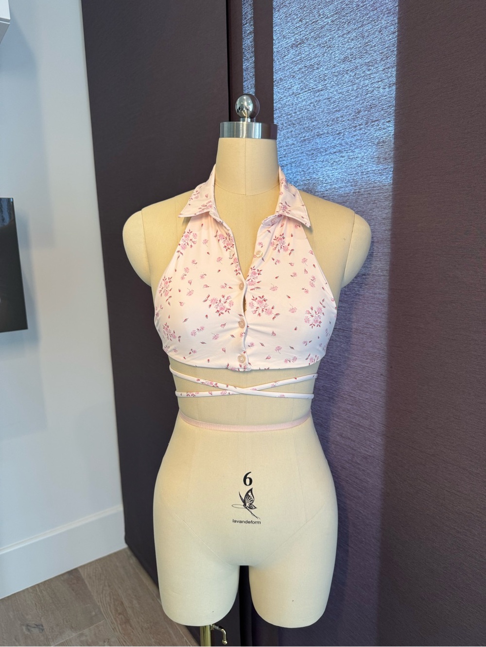 Frankie's Bikinis Pink Floral Tie-Wrap Halter Top